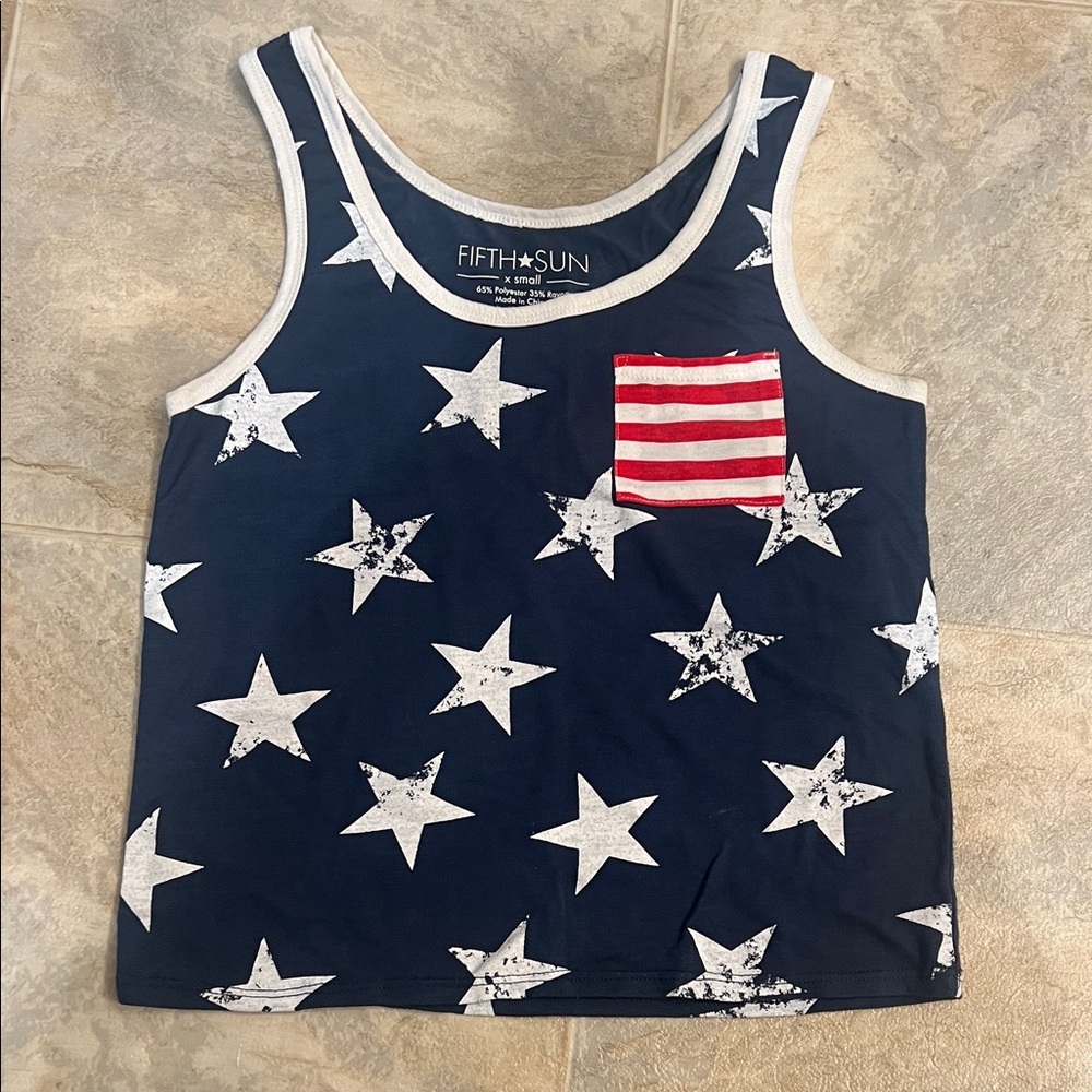 Fifth Sun Navy Star Tank Top with Red Striped Pocket